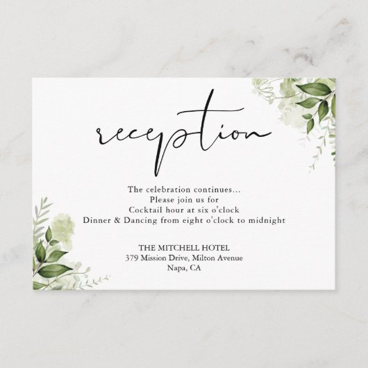 緑エレガントのフローラスクリプトウェディング受付 エンクロージャーカード (正面)