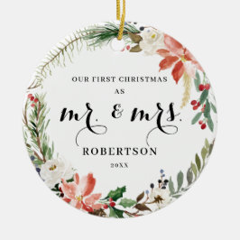 緑エレガントのポインセチア初めてのクリスマス セラミックオーナメント