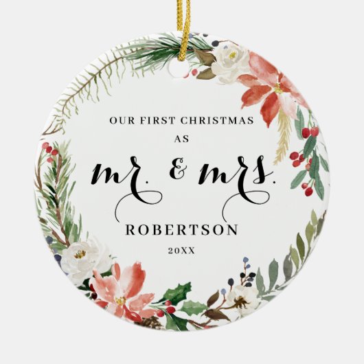 緑エレガントのポインセチア初めてのクリスマス セラミックオーナメント (正面)