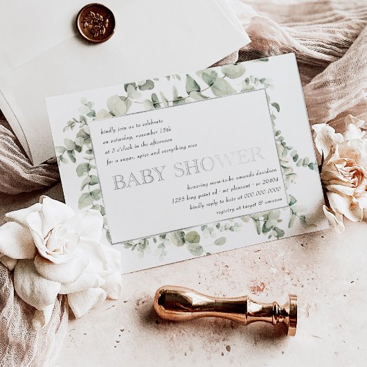 緑エレガントのユーカリの葉の赤ちゃんシャワー 箔招待状