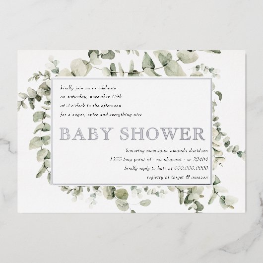 緑エレガントのユーカリの葉の赤ちゃんシャワー 箔招待状 (正面)