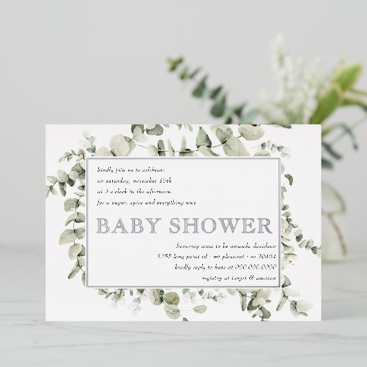 緑エレガントのユーカリの葉の赤ちゃんシャワー 箔招待状 (立ち正面)