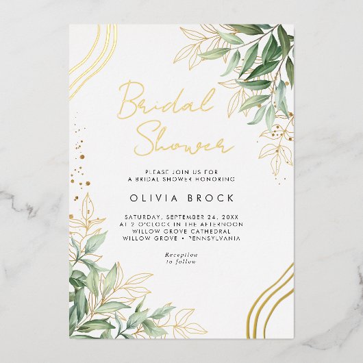 緑エレガントのユーカリモダンブライダルシャワー 箔招待状 (正面)