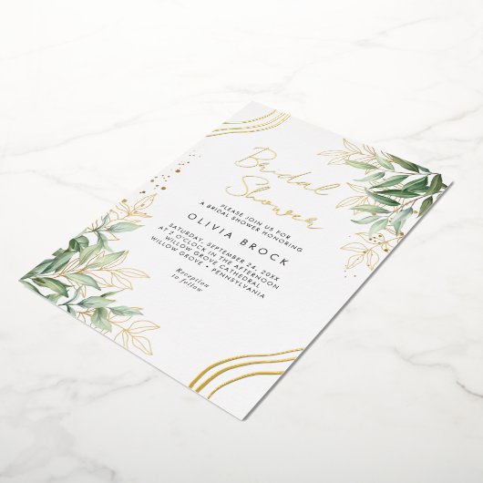 緑エレガントのユーカリモダンブライダルシャワー 箔招待状 (回転した状態)