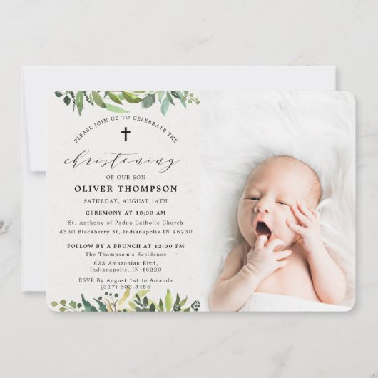 緑エレガントのユーカリ写真《キリスト教》洗礼式や命名式 招待状 (正面)
