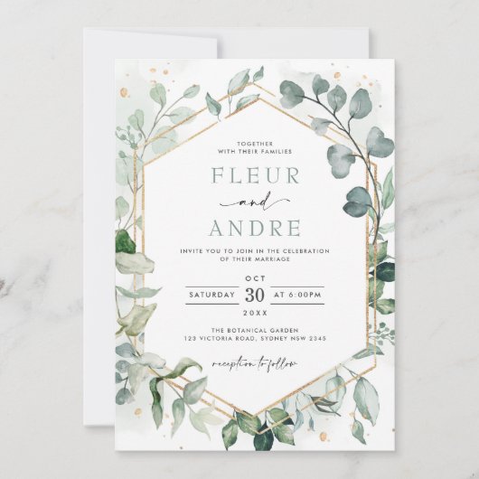 緑エレガントのユーカリ幾何学金ゴールド結婚ズ 招待状 (正面)