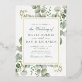 緑エレガントのユーカリ植物学結婚金ゴールド 箔招待状 (正面)