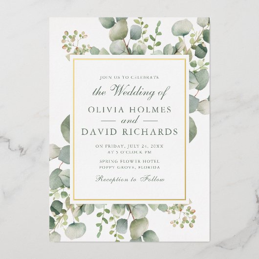 緑エレガントのユーカリ植物学結婚金ゴールド 箔招待状 (正面)