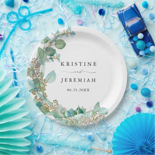 緑エレガントのユーカリ水の色結婚の ペーパープレート (パーティー)