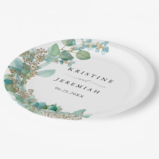 緑エレガントのユーカリ水の色結婚の ペーパープレート (アングル)