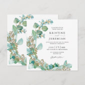 緑エレガントのユーカリ水の色結婚の 招待状 (正面/裏面)