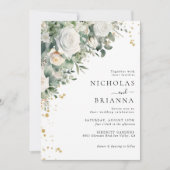 緑エレガントのユーカリ白いバラ結婚の 招待状 (正面)