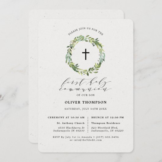 緑エレガントのユーカリ第一聖餐式 招待状 (正面/裏面)
