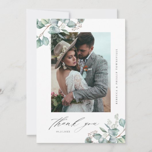 緑エレガントのユーカリ結婚の写真 サンキューカード (正面)