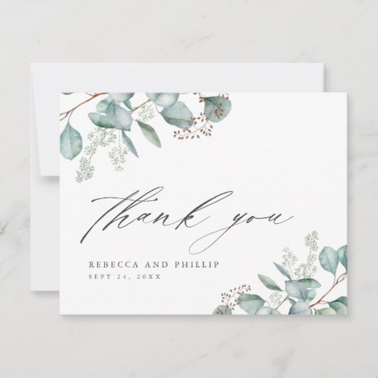 緑エレガントのユーカリ結婚の写真 サンキューカード (正面)