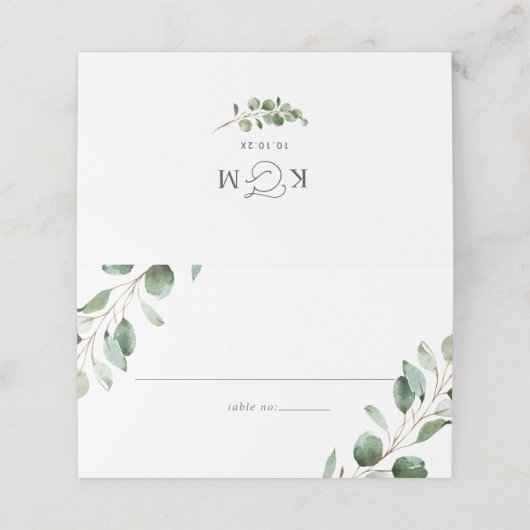 緑エレガントのユーカリ結婚の折り畳み プレイスカード (外部開封)