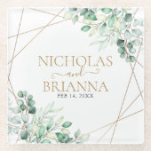 緑エレガントのユーカリ金ゴールド幾何学理論結婚 ガラスコースター (正面)