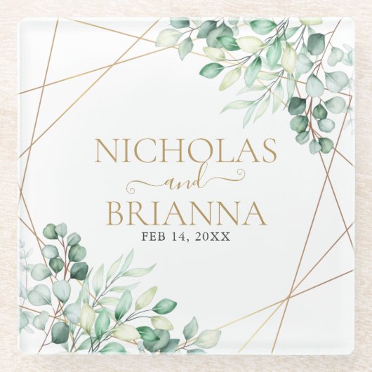 緑エレガントのユーカリ金ゴールド幾何学理論結婚 ガラスコースター (正面)