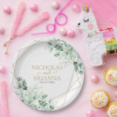 緑エレガントのユーカリ金ゴールド幾何学理論結婚 ペーパープレート (パーティー)