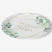 緑エレガントのユーカリ金ゴールド幾何学理論結婚 ペーパープレート (アングル)