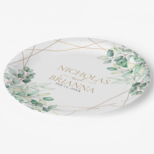 緑エレガントのユーカリ金ゴールド幾何学理論結婚 ペーパープレート (アングル)
