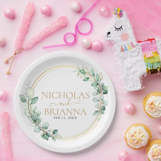 緑エレガントのユーカリ金ゴールド植物学結婚校 ペーパープレート (パーティー)