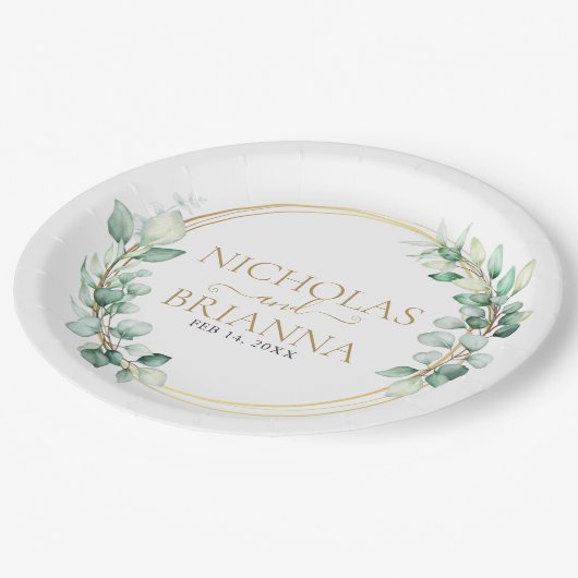 緑エレガントのユーカリ金ゴールド植物学結婚校 ペーパープレート (アングル)