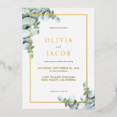 緑エレガントのユーカリ金ゴールド結婚ズ 箔招待状 (正面)