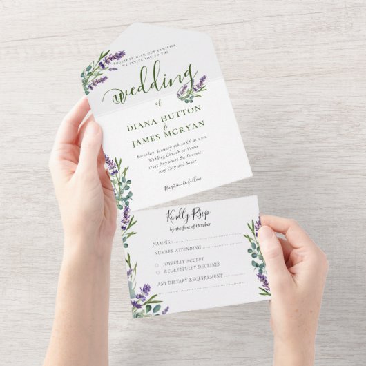 緑エレガントのラベンダーの書結婚道 オールインワン招待状 (貼ってはがせる)
