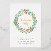 緑エレガントのリース素朴クリスマスパーティー 箔招待状 (正面)