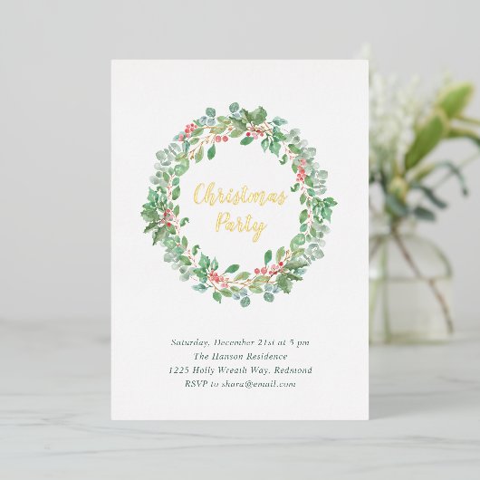 緑エレガントのリース素朴クリスマスパーティー 箔招待状 (立ち正面)