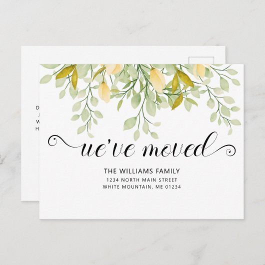 緑エレガントのレモン水色フローラ移動 案内ポストカード (正面/裏面)