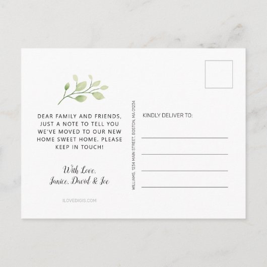 緑エレガントのレモン水色フローラ移動 案内ポストカード (裏面)