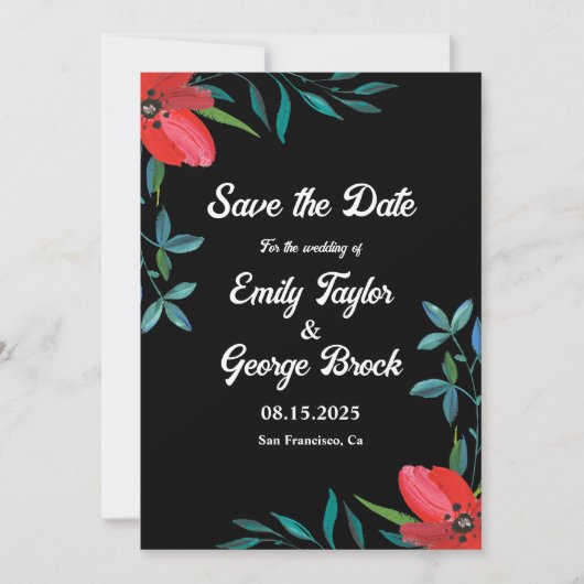 緑エレガントのワイルドフラワーブラックフローラ結婚ズ セーブザデート (正面)