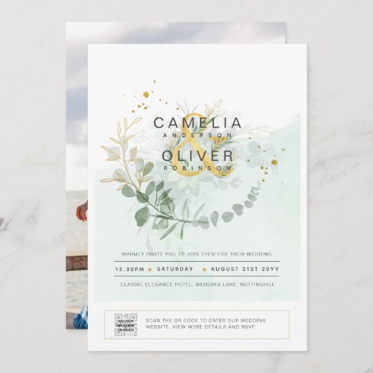 緑エレガントの写真結婚式招待状QRコード 招待状 (正面/裏面)