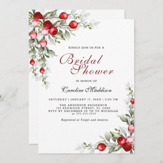 緑エレガントの冬のブライダルシャワーフライヤー 招待状 (正面/裏面)