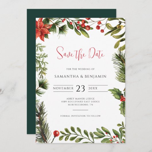 緑エレガントの冬の秋フローラ結婚ズ セーブザデート (正面/裏面)