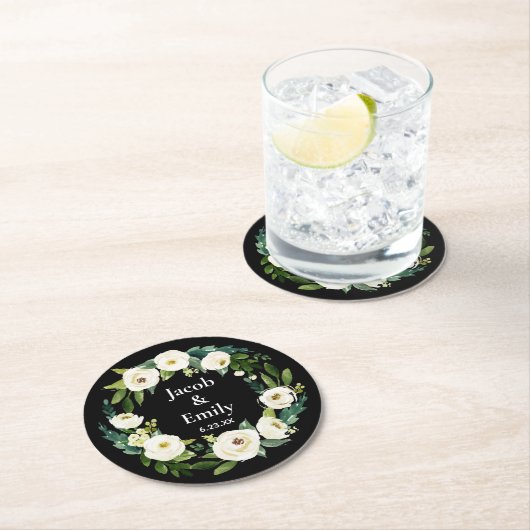 緑エレガントの名パーソナライズされた前の日付結婚 ラウンドペーパーコースター (インサイチュ)