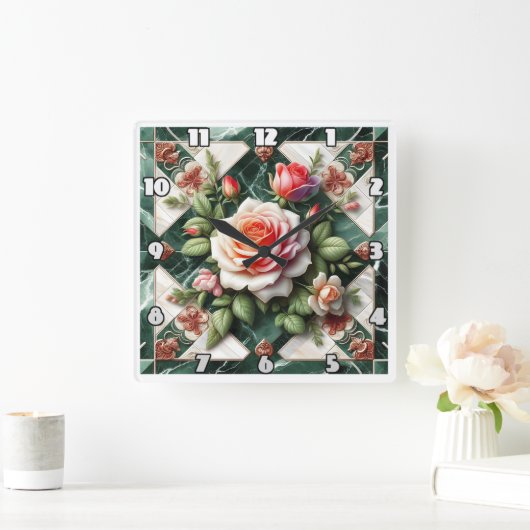 緑エレガントの大理石の背景のバラ スクエア壁時計 (ホーム)