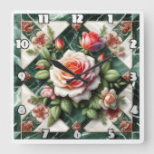 緑エレガントの大理石の背景のバラ スクエア壁時計 (正面)