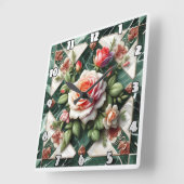 緑エレガントの大理石の背景のバラ スクエア壁時計 (傾斜)