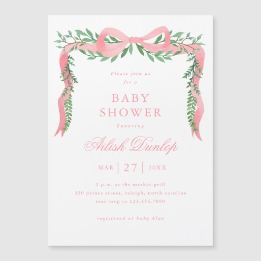緑エレガントの少女の赤ちゃんシャワー付きピンクの弓 マグネット招待状 (正面)