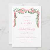 緑エレガントの少女の赤ちゃんシャワー付きピンクの弓 招待状 (正面)