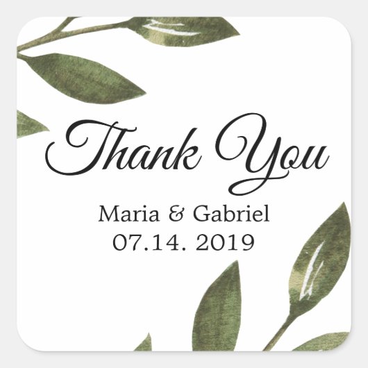 緑エレガントの枝結婚Airy's Thank You スクエアシール (正面)