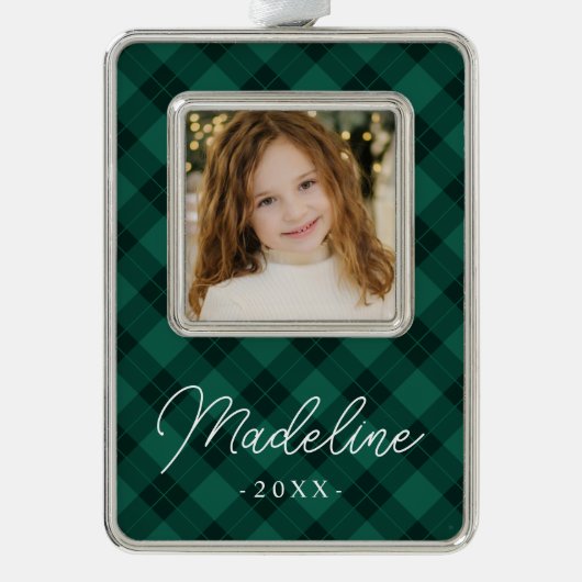 緑エレガントの格子模様 シルバープレートフレームオーナメント (正面)