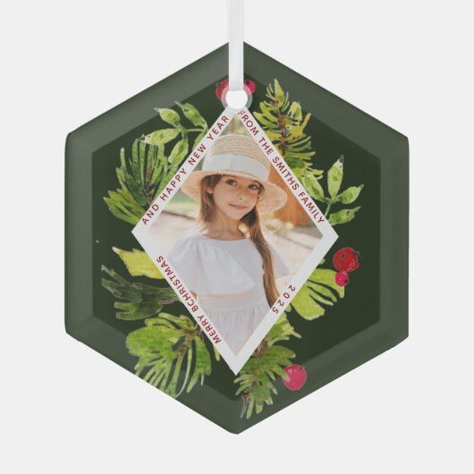 緑エレガントの植物写真ホリデー ガラスオーナメント (正面)