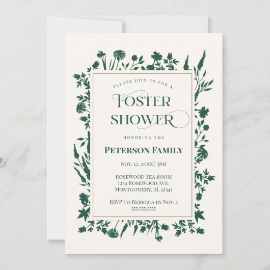 緑エレガントの植物性フォスター気にシャワー 招待状 (正面)