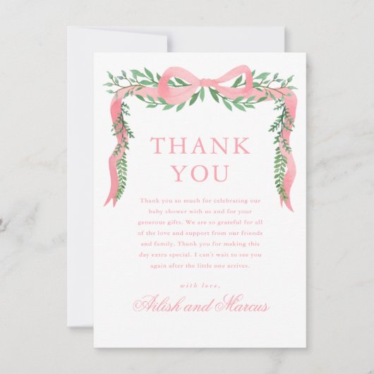 緑エレガントの男の子の赤ちゃんシャワー付きピンクボウ サンキューカード (正面)