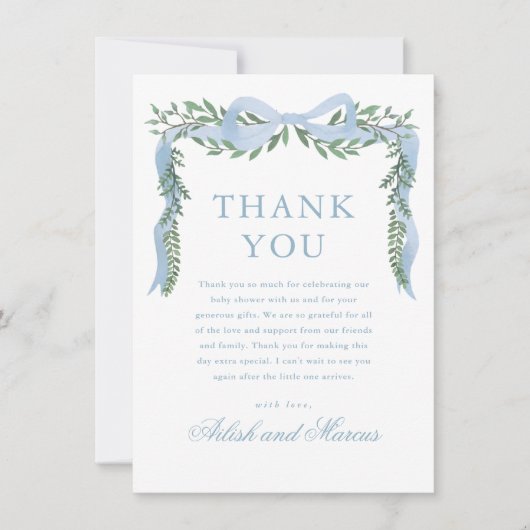 緑エレガントの男の子の赤ちゃんシャワー付きブルーボウ サンキューカード (正面)