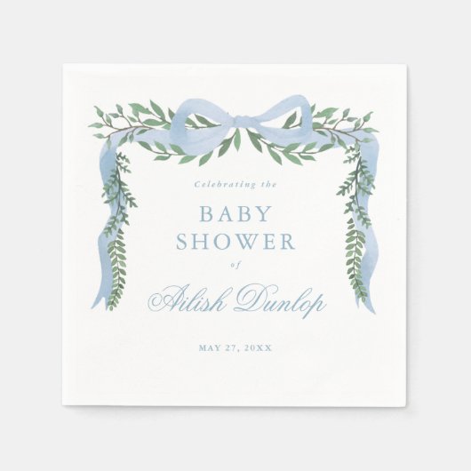 緑エレガントの男の子の赤ちゃんシャワー付きブルーボウ スタンダードカクテルナプキン (正面)